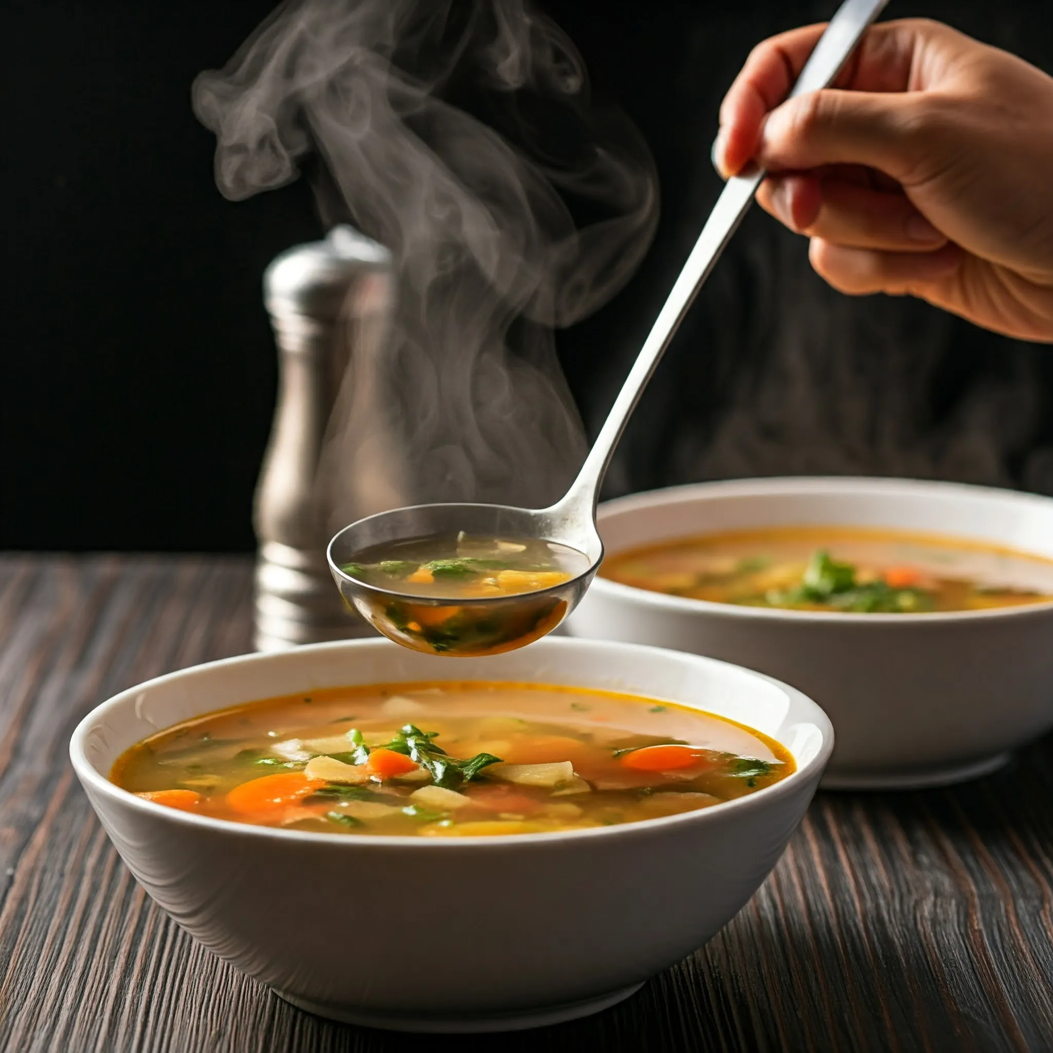 Bowls of soup where servings are poured, glowing softly as each serving is calculated.