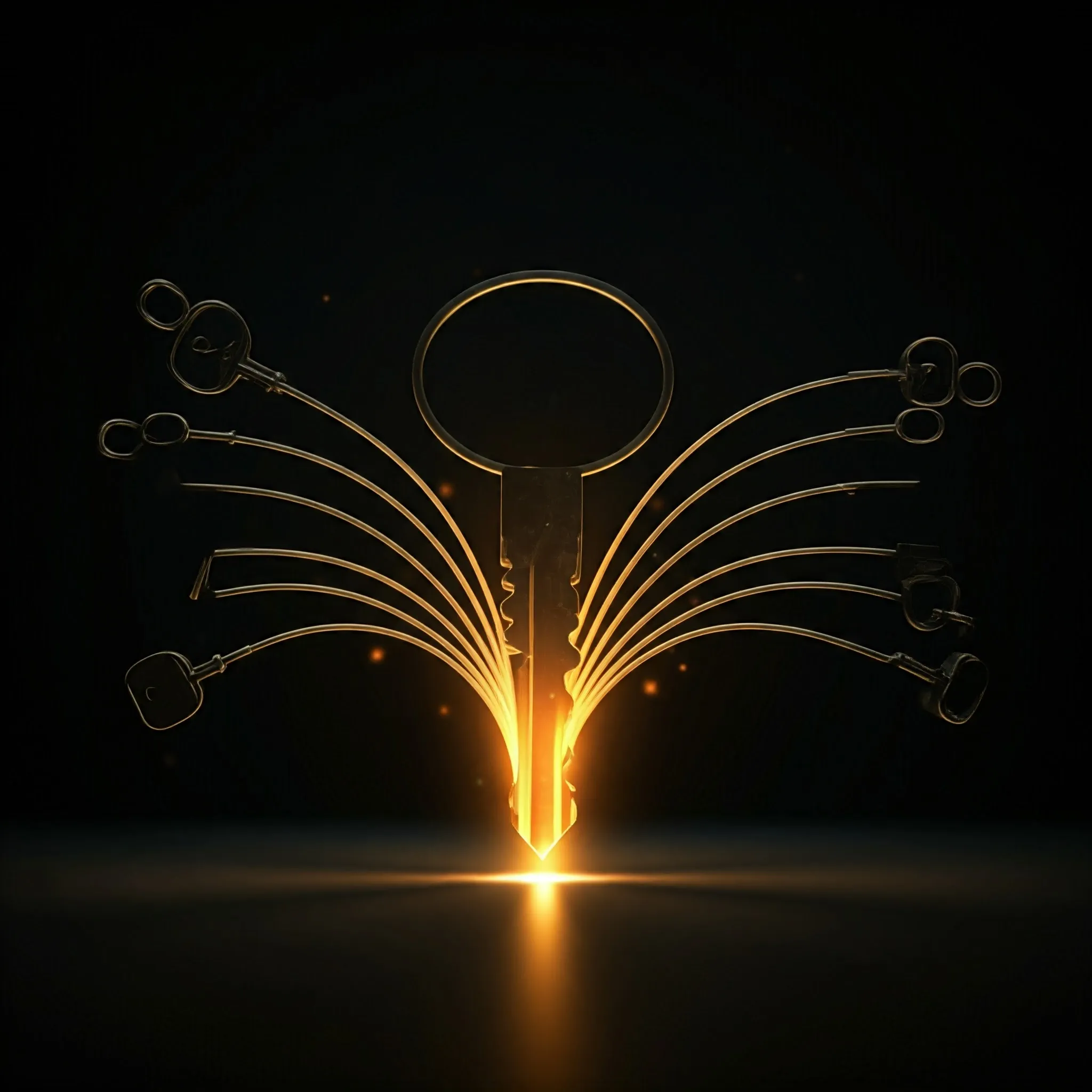 A glowing key unlocking multiple pathways, symbolizing decoding and transformation.