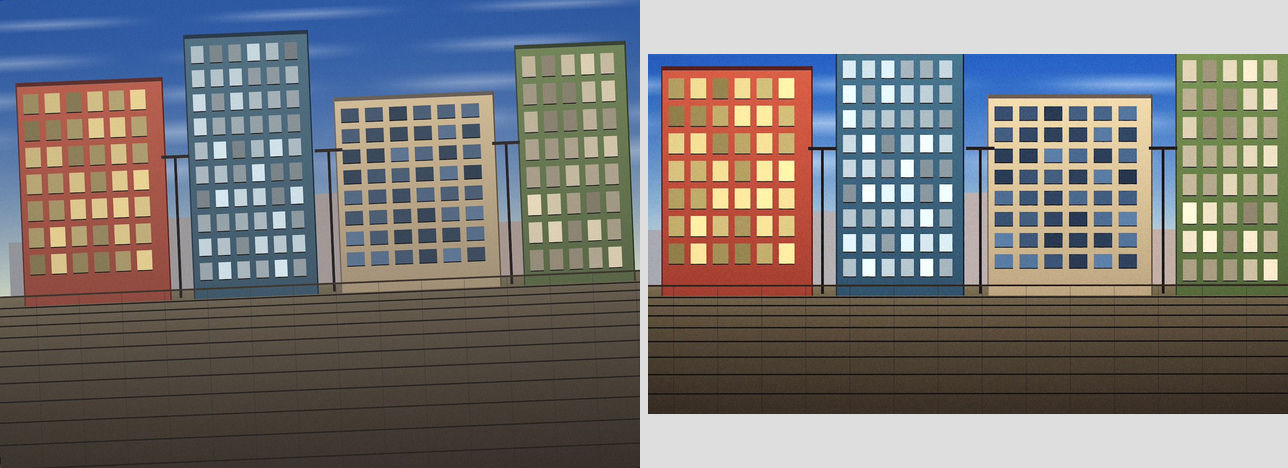 Before/after: a tilted synthetic cityscape straightened, levels auto-corrected, and a subtle look applied