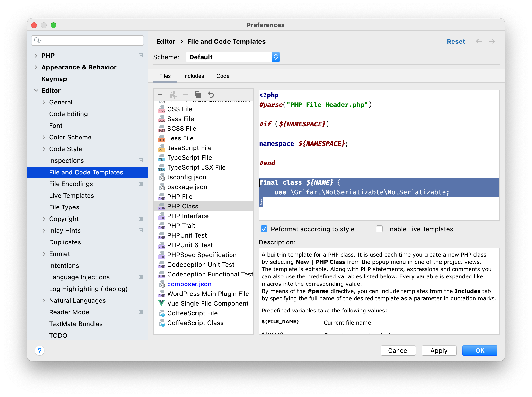 PhpStorm default template settings