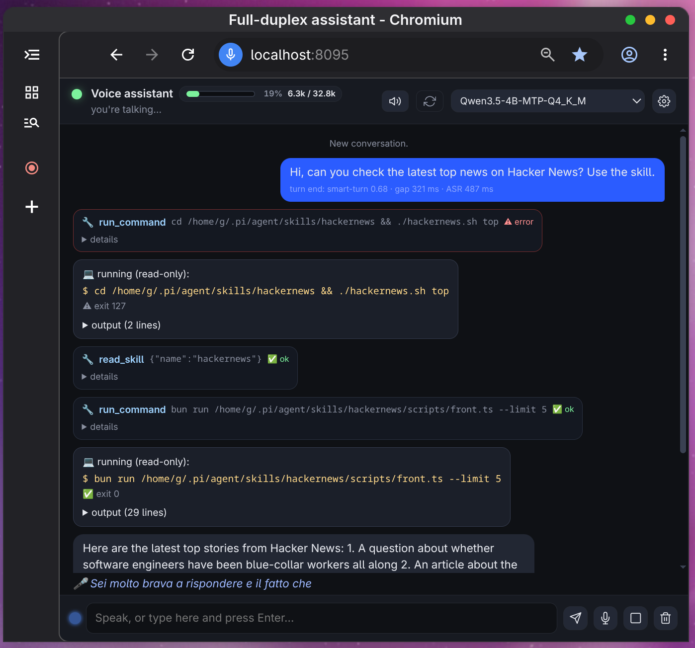 Sonia web UI: live transcript, timer/watch banner and settings drawer