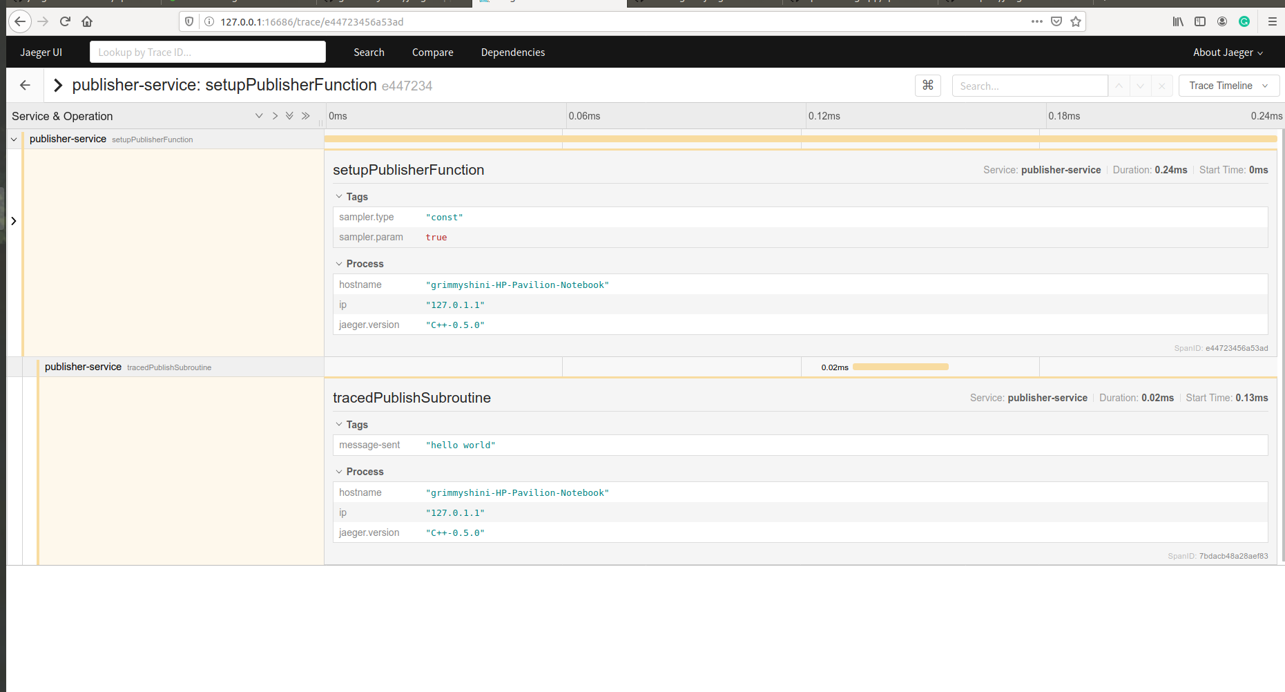 Trace for the publisher process