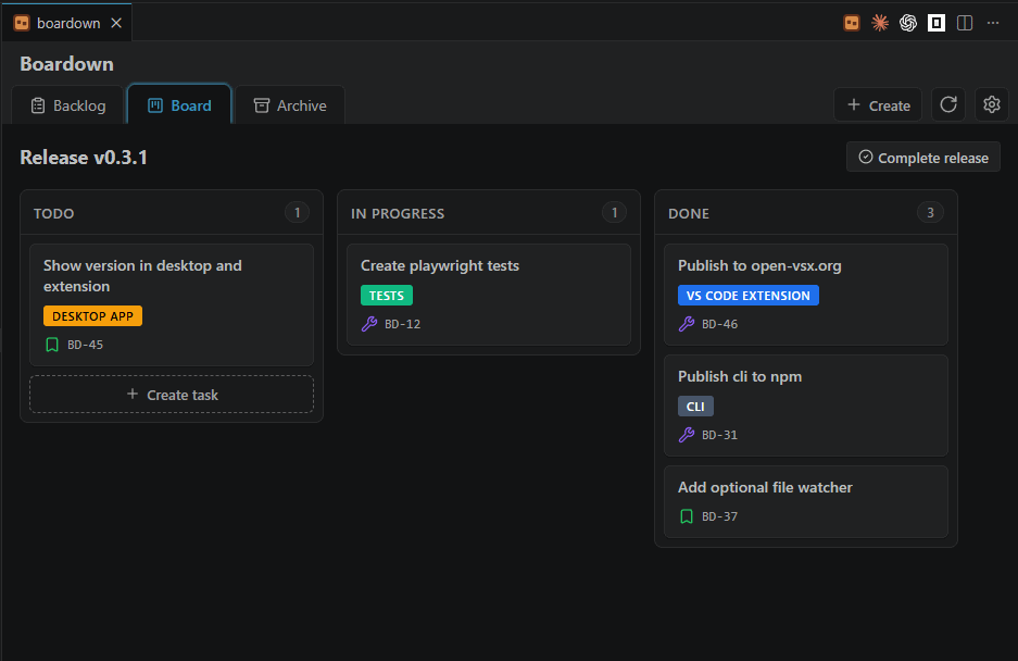 boardown board view in VS Code