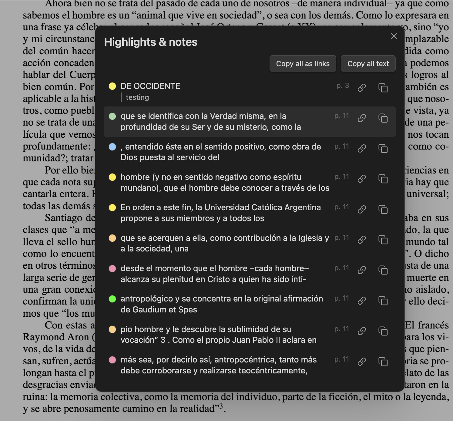 Highlights & notes overview modal