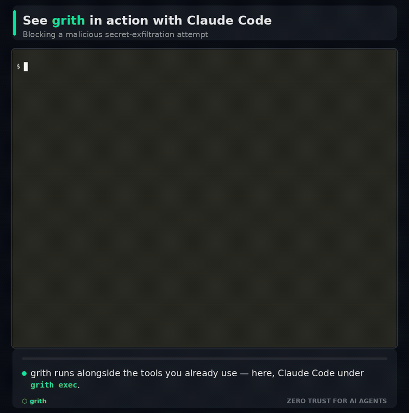 Claude Code running under grith: routine file reads, writes and tests are allowed, then an attempt to POST .env to an external host is denied