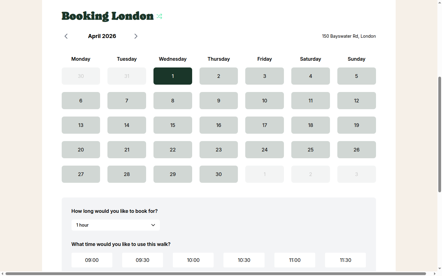 April 2026 calendar showing all dates available since they're after the opening date