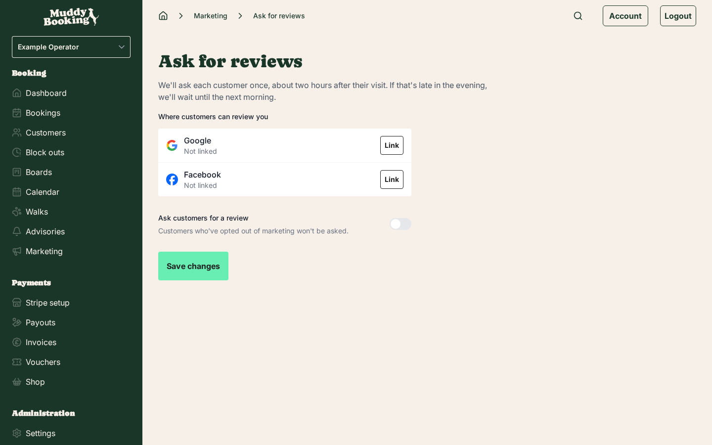 Ask for reviews page with Google and Facebook not yet linked