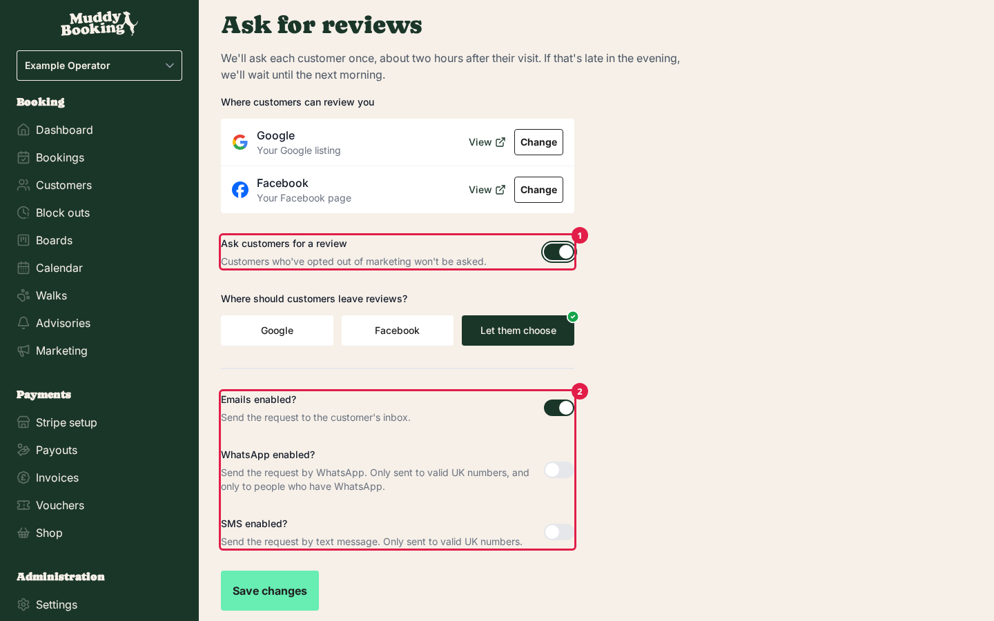 Ask for reviews switched on, with the review destination and delivery channels