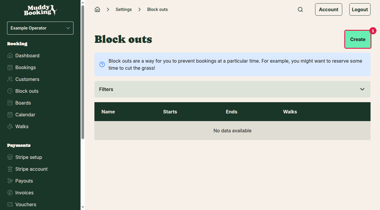 Block outs create button