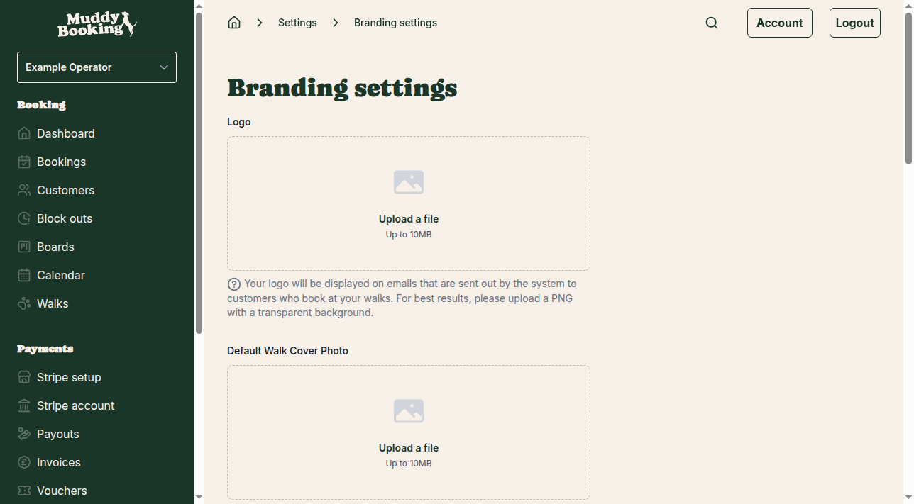 Branding settings page with colour palette options