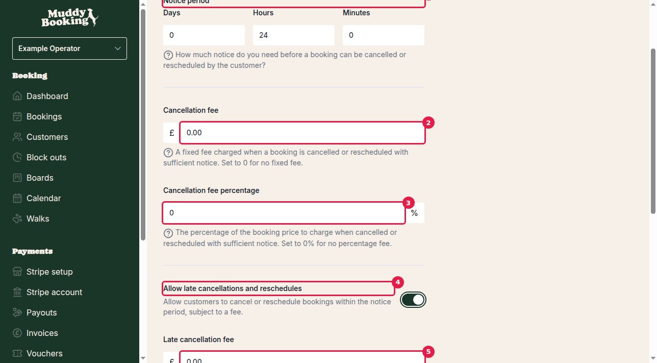 Cancellation policy settings