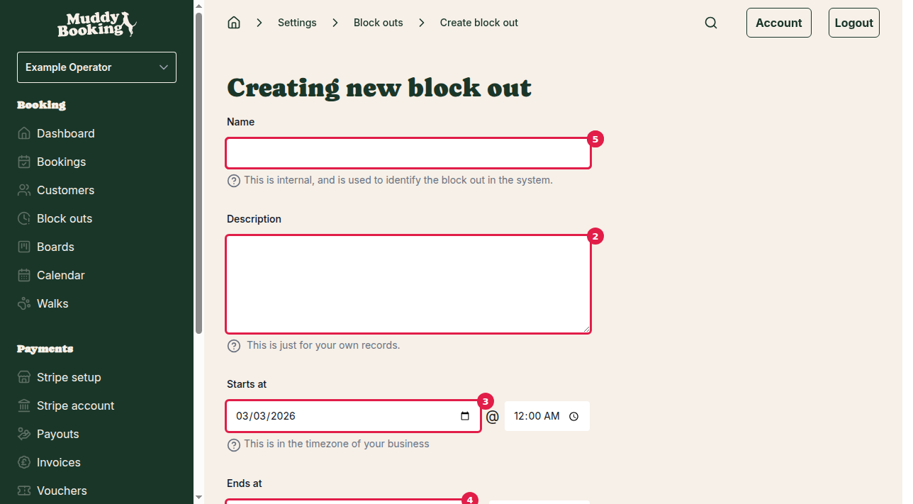 Create block out form