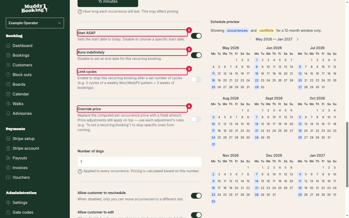 Create form — dates, end conditions, and pricing