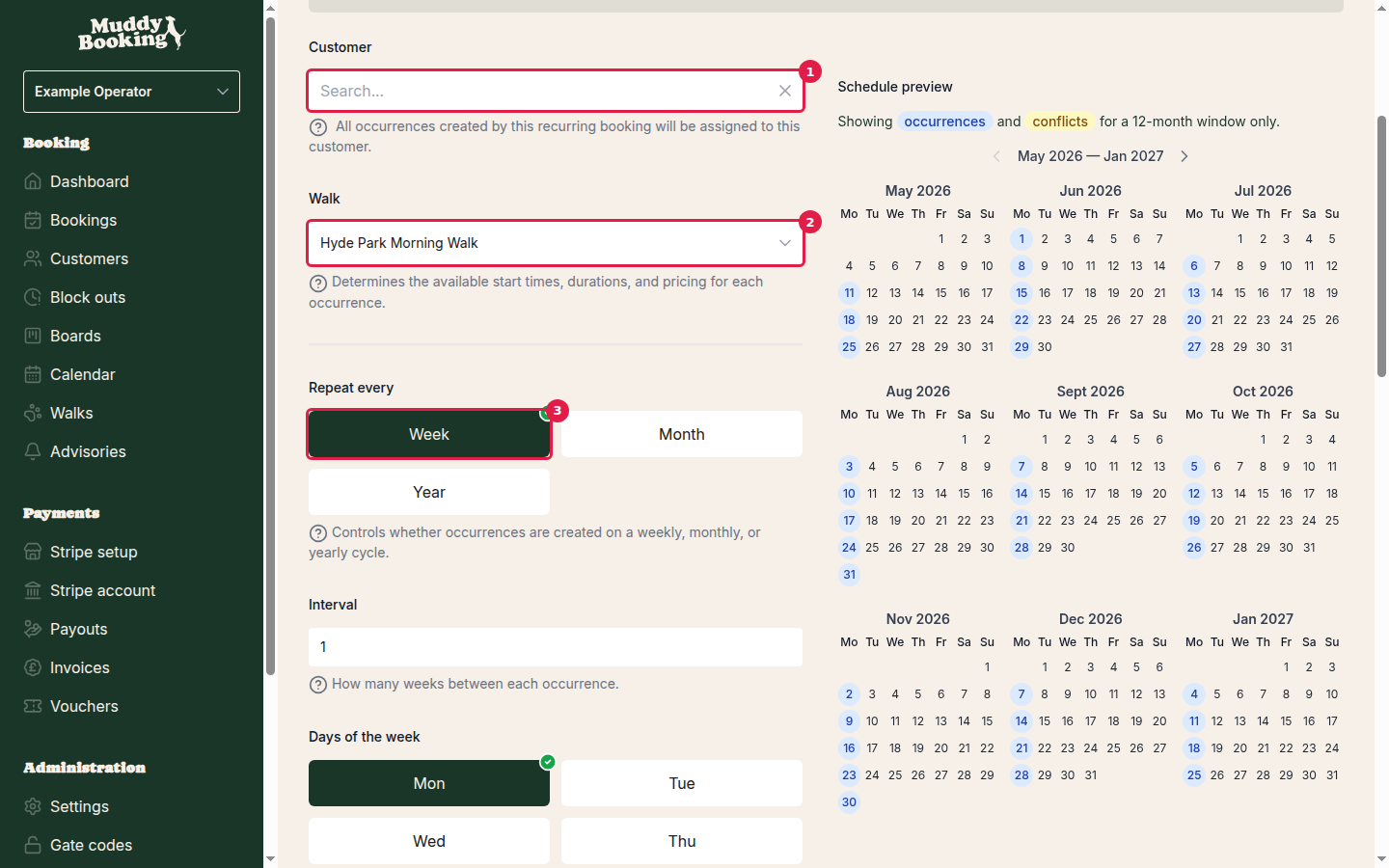 Create recurring booking form — top fields