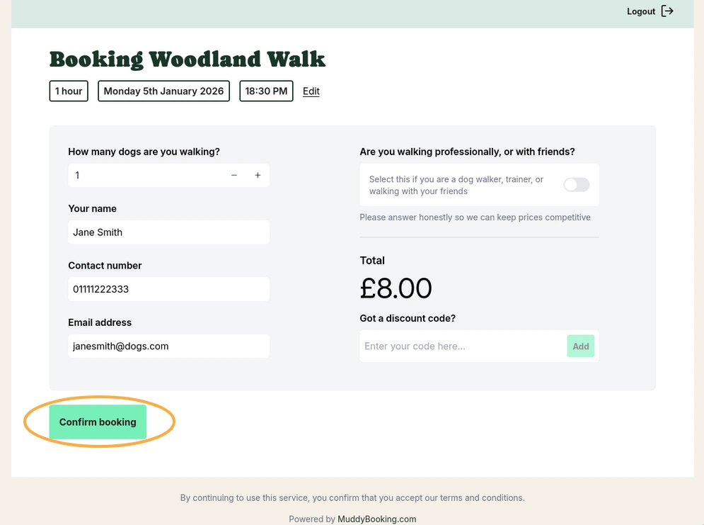 Booking form with Confirm booking button