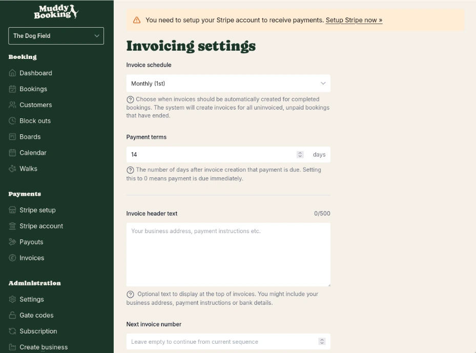 Invoicing settings page