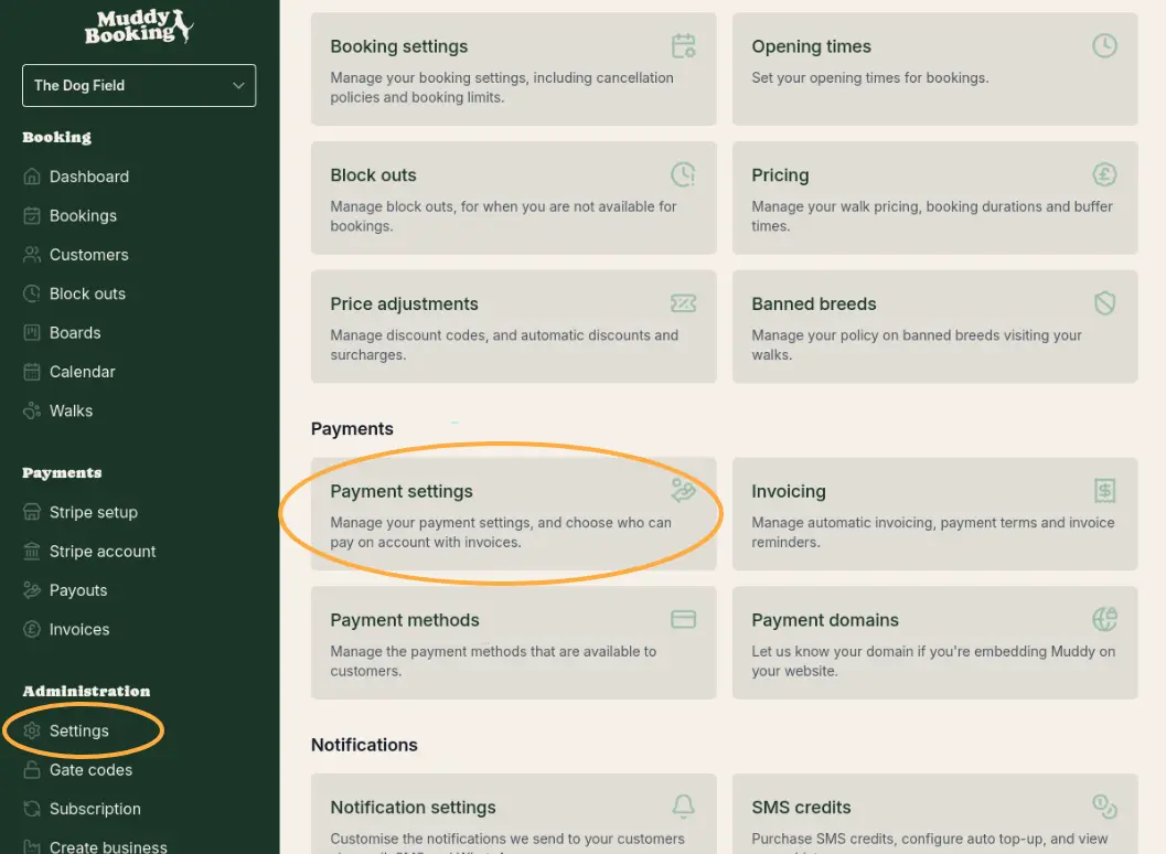 Settings page with Payment settings highlighted