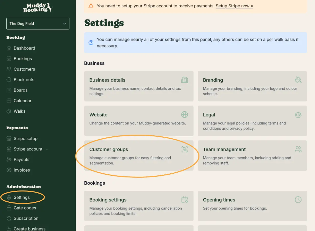 Settings page with Customer groups highlighted