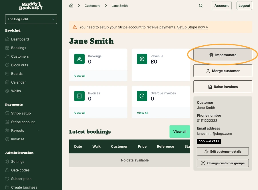 Customer profile with Impersonate button