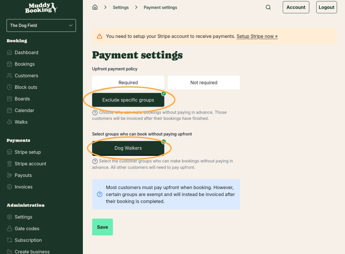 Payment settings with Exclude specific groups selected