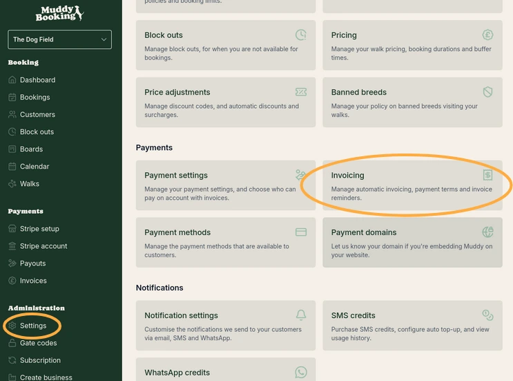 Settings page with Invoicing highlighted