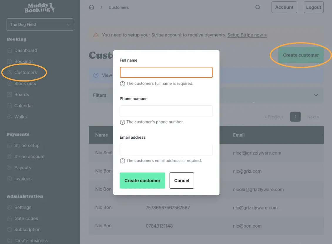 Customers page with Create customer button