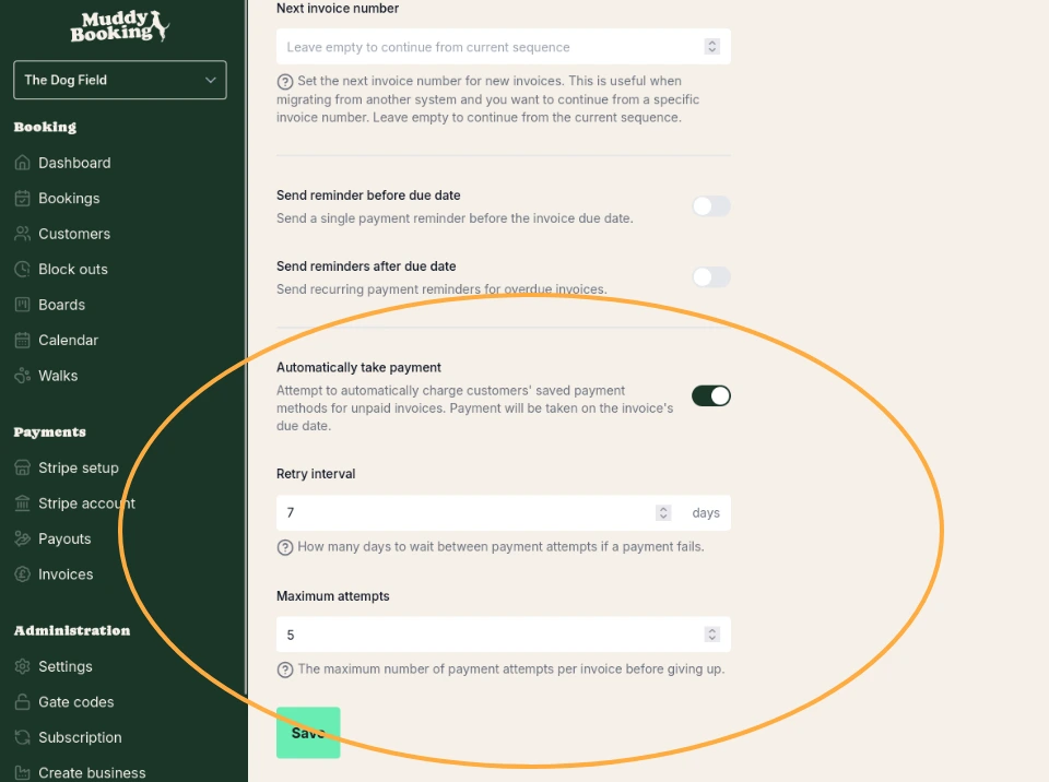Automatic payment settings