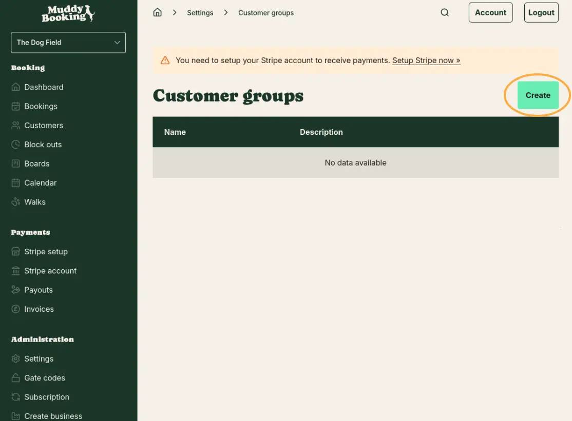 Customer groups page with Create button
