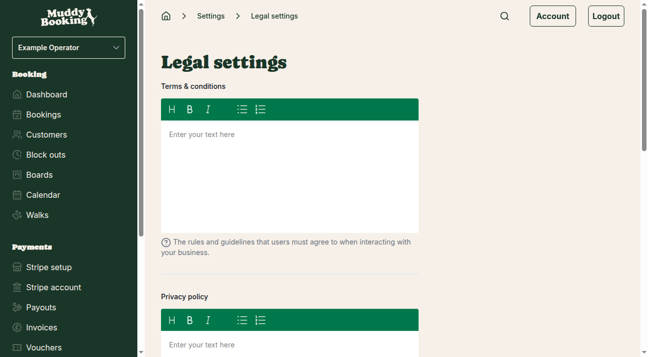 Legal settings overview