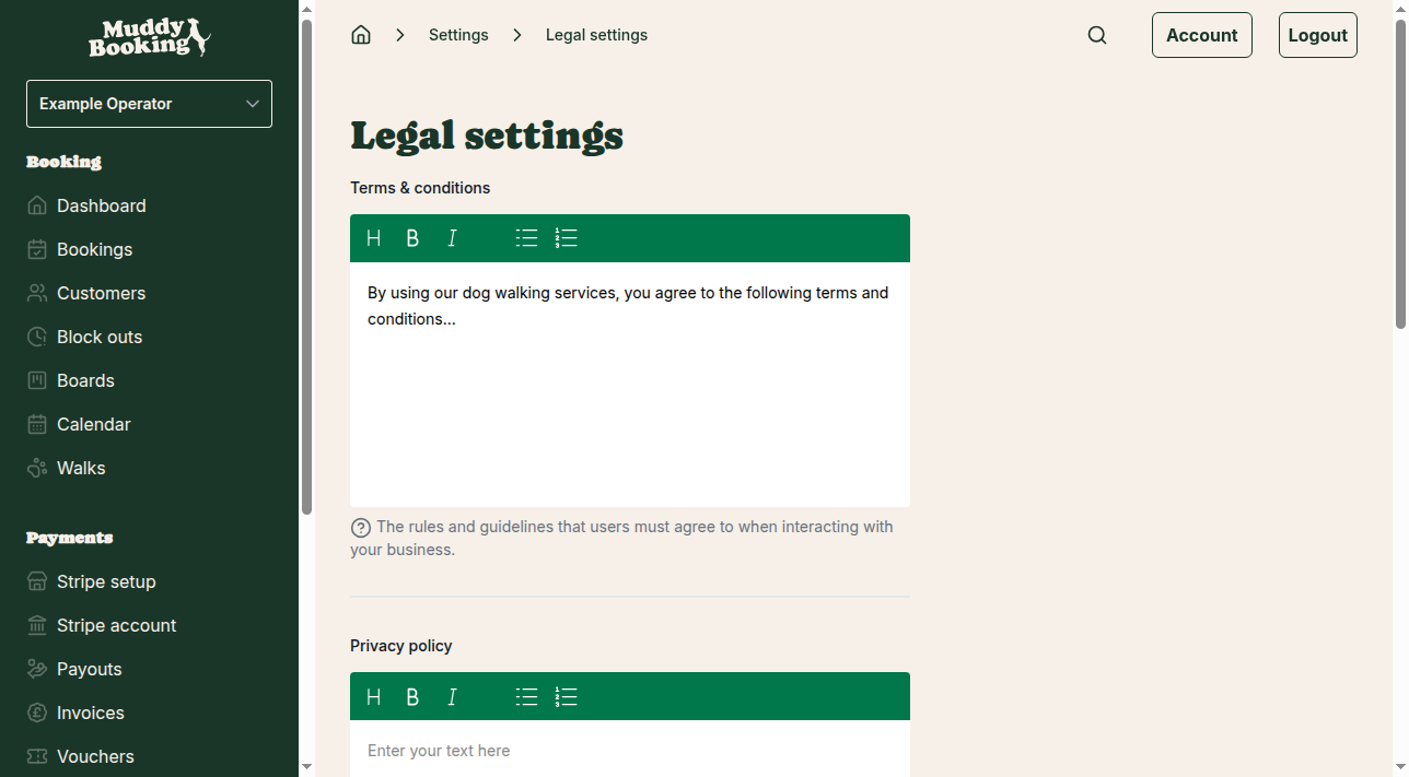 Legal settings with sample content