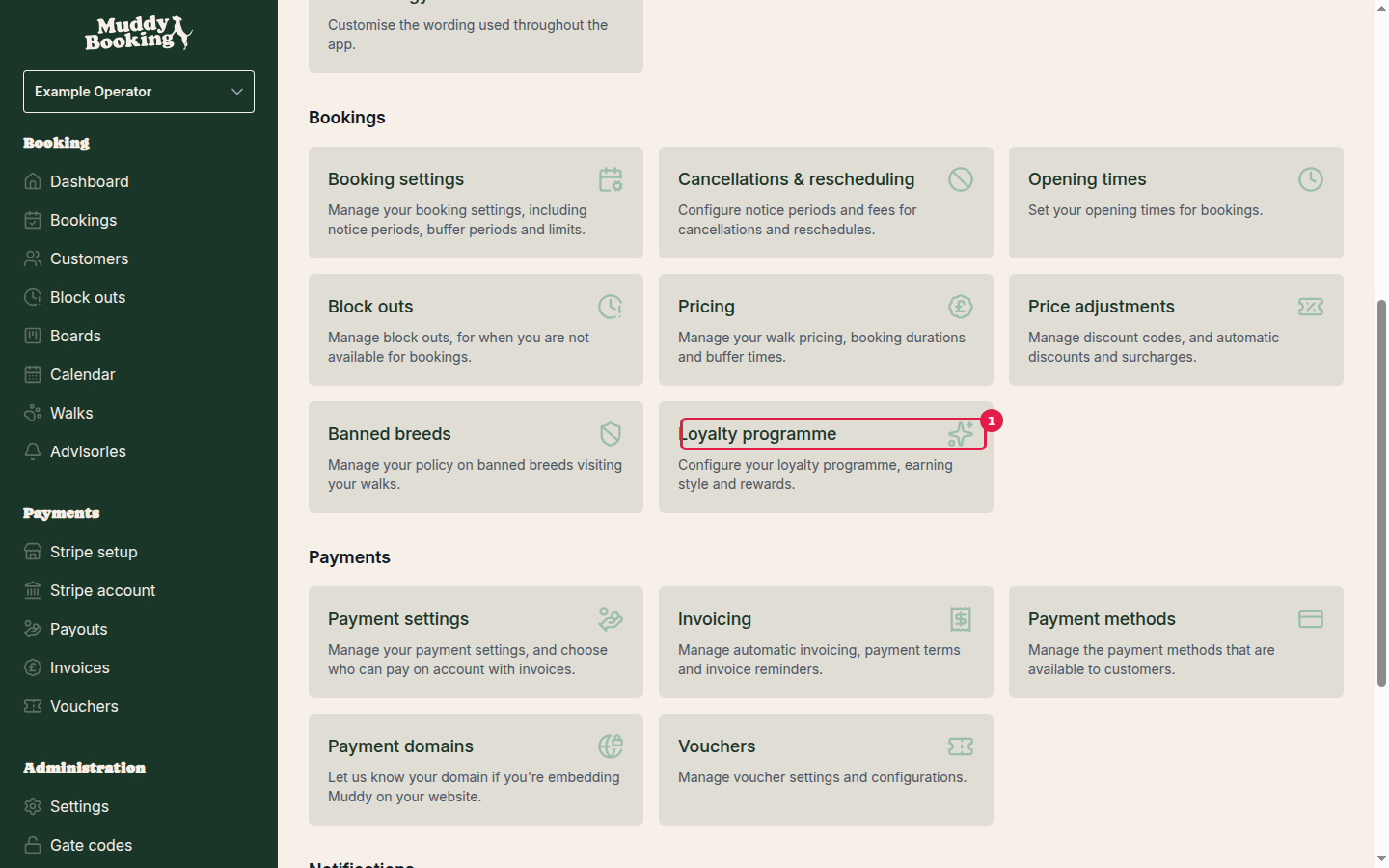 Finding the loyalty programme settings