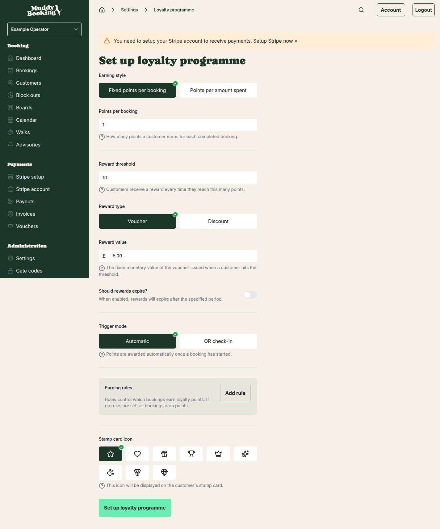 Initial loyalty programme setup screen