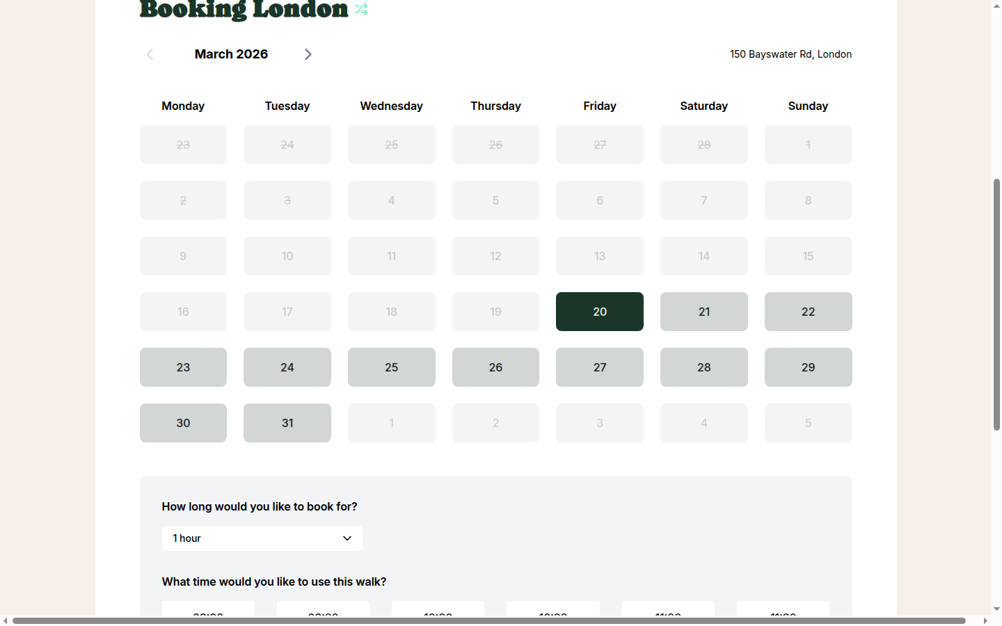 March 2026 booking calendar showing dates before 20th March blocked and dates from 20th March available