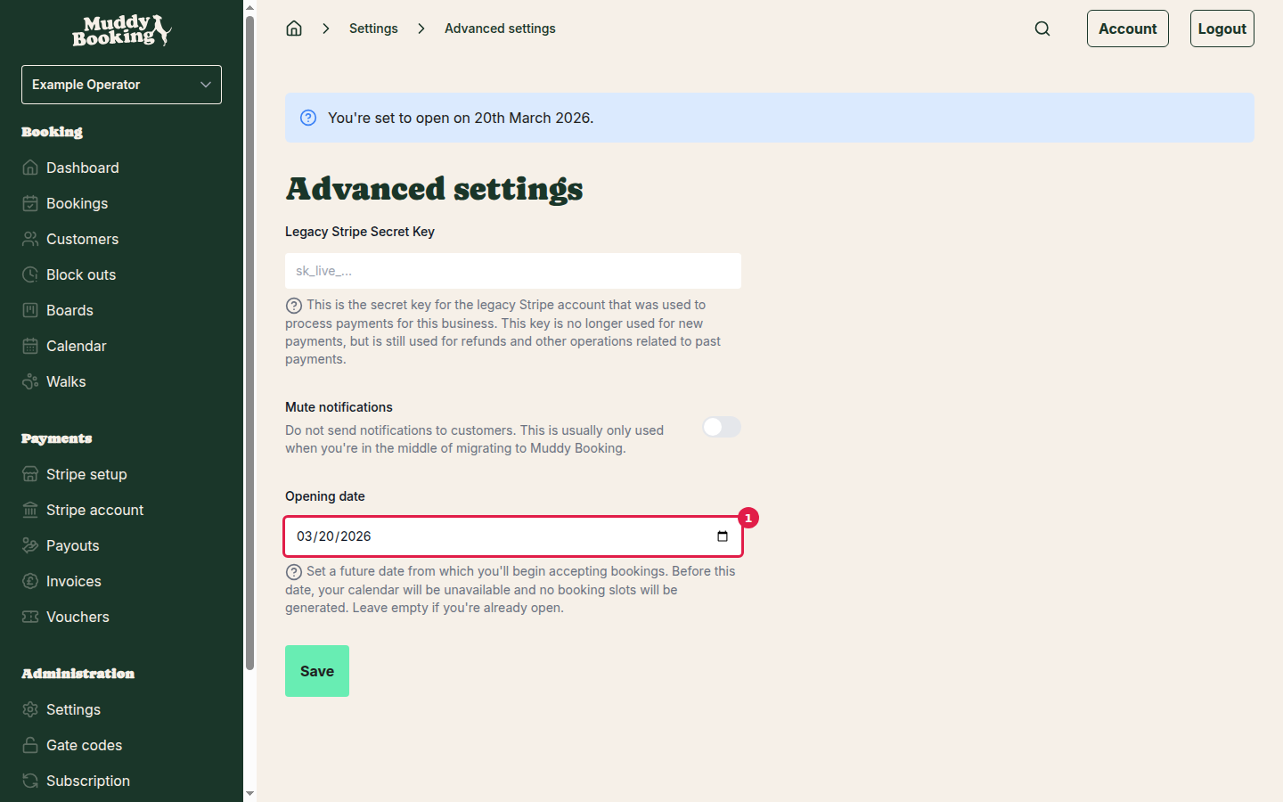 Advanced settings page showing the opening date field