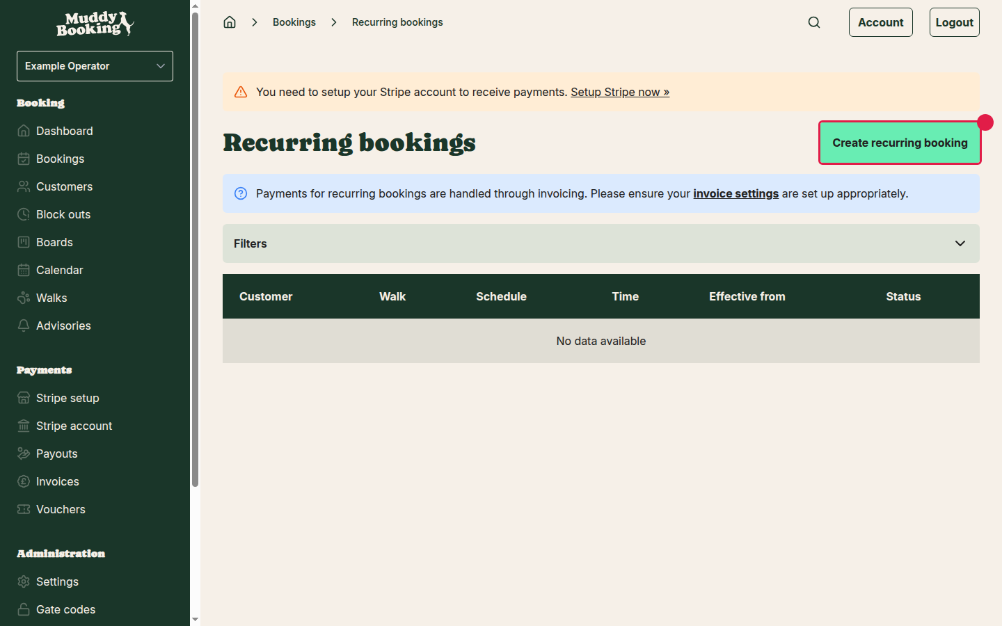 Recurring bookings list page with Create button