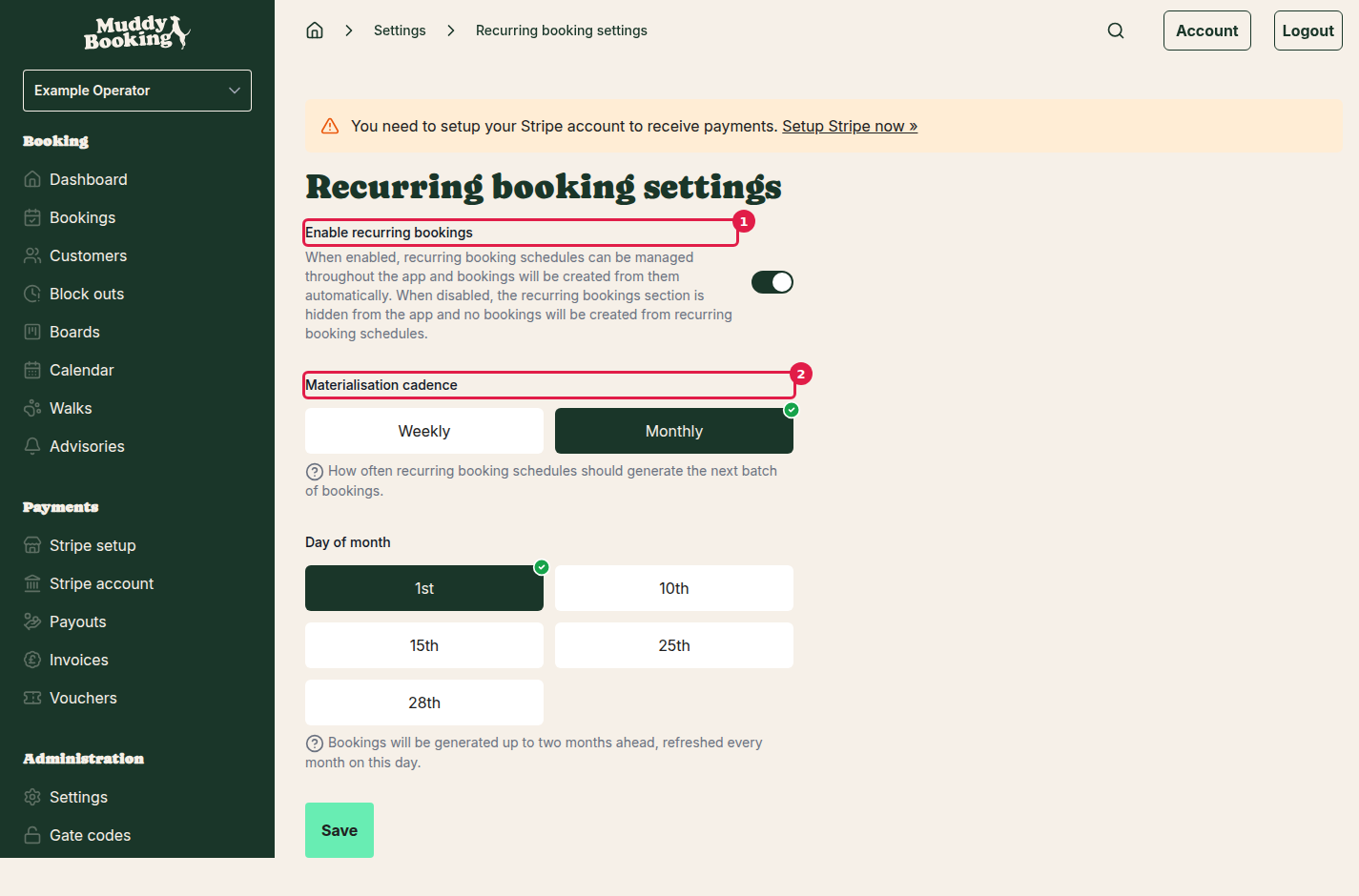 Recurring booking settings page