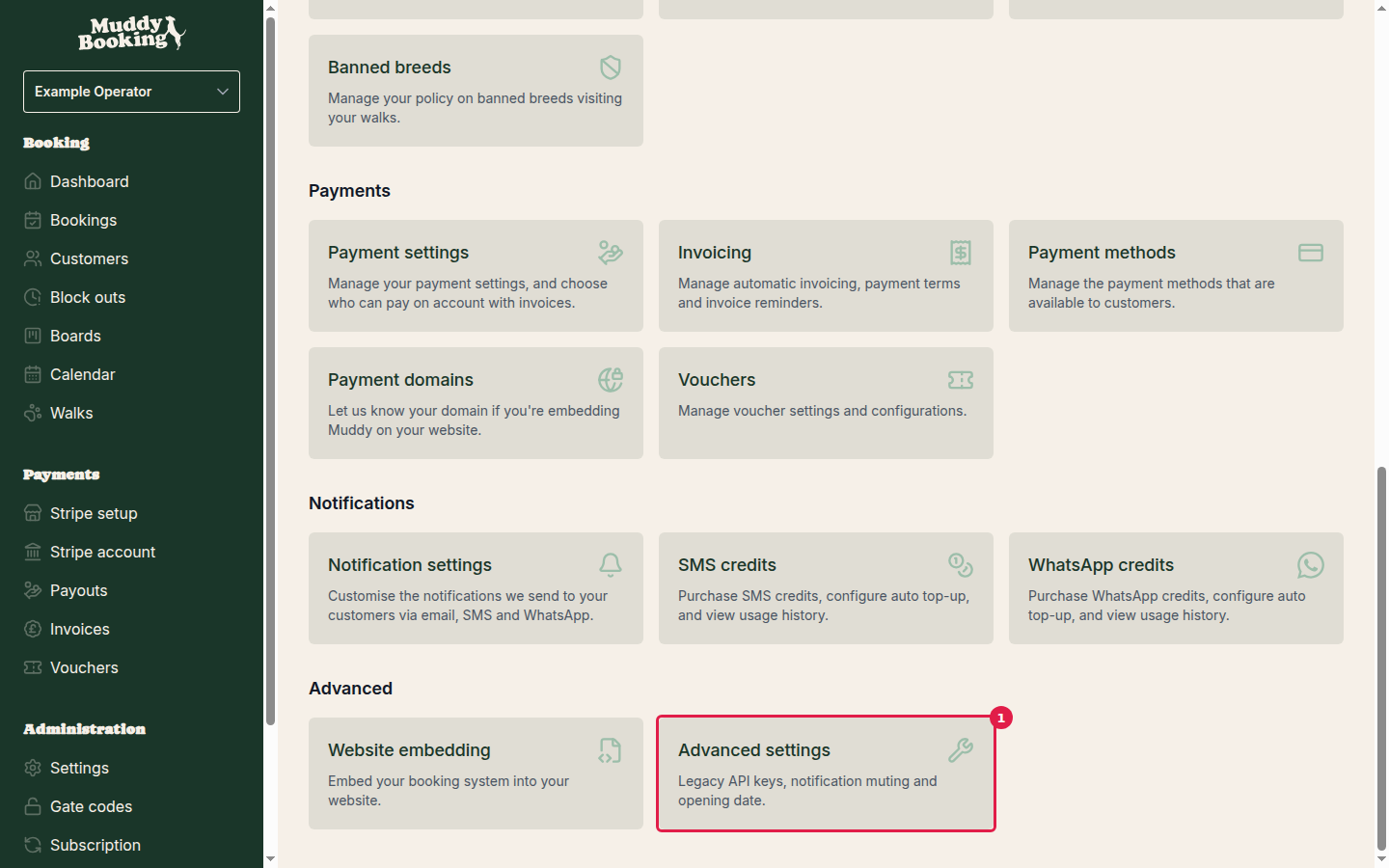 Settings page with Advanced settings highlighted