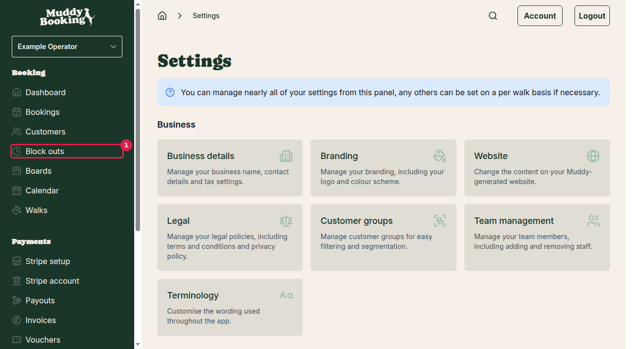 Settings block outs option