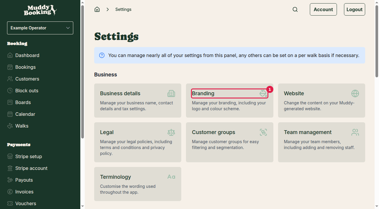 Settings page showing branding option
