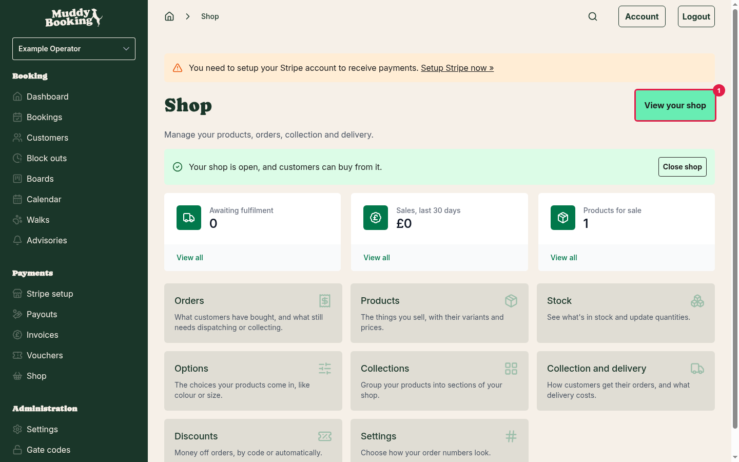 The Shop page while the shop is open, with View your shop at the top right