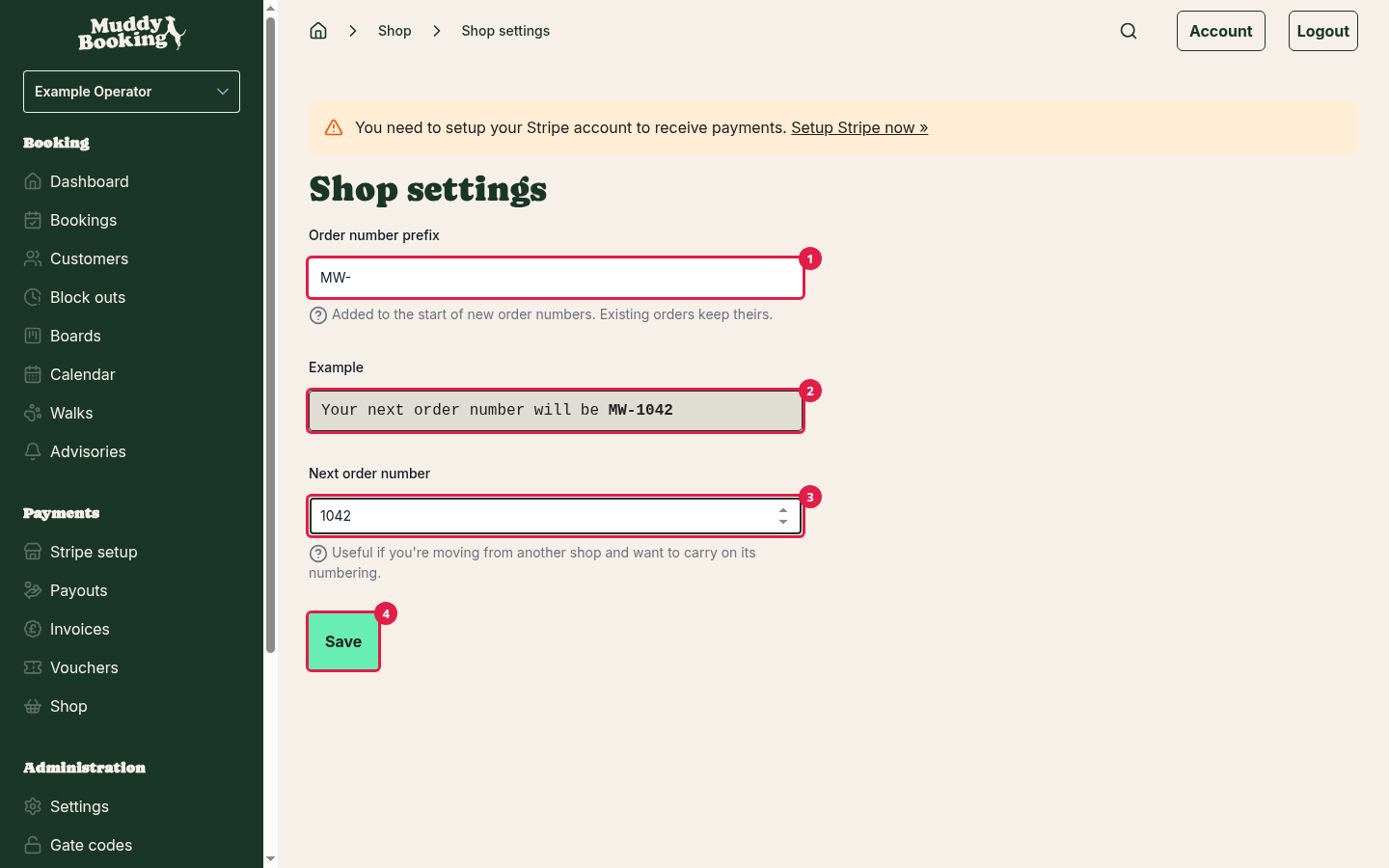 Shop settings with MW- as the prefix and 1042 as the next order number