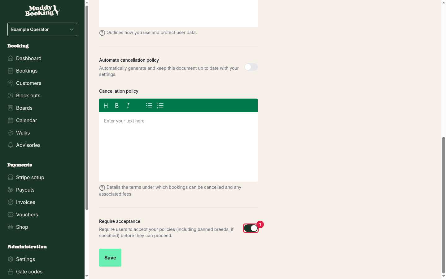 Legal settings with Require acceptance switched on