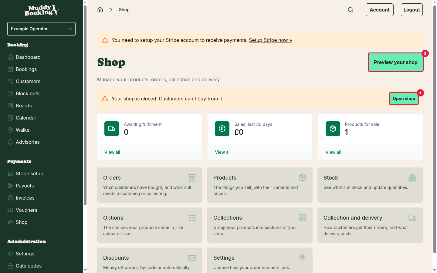 The Shop page while the shop is closed, with Open shop in the yellow box