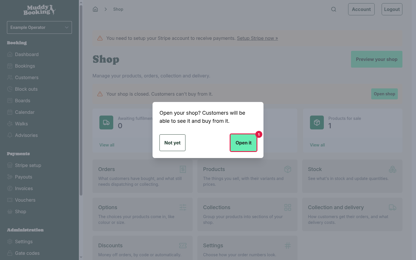 The confirmation that asks if you want to open your shop again