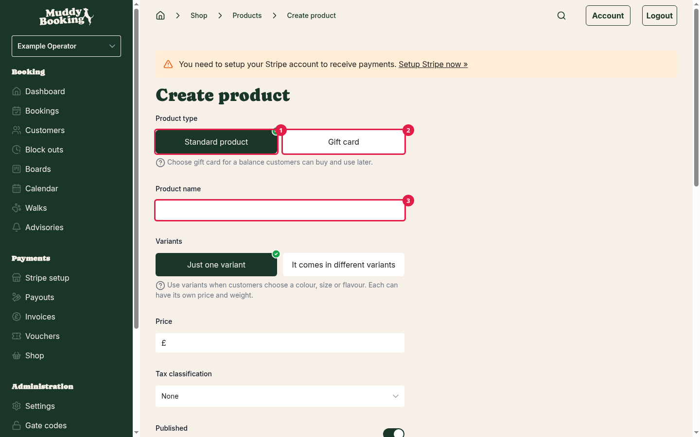 The top of the Create product form, with the Standard product and Gift card choices