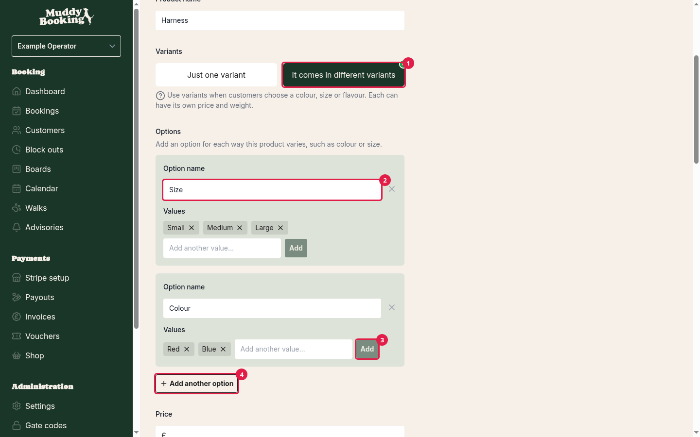 The Options section of a product with two options, Size and Colour