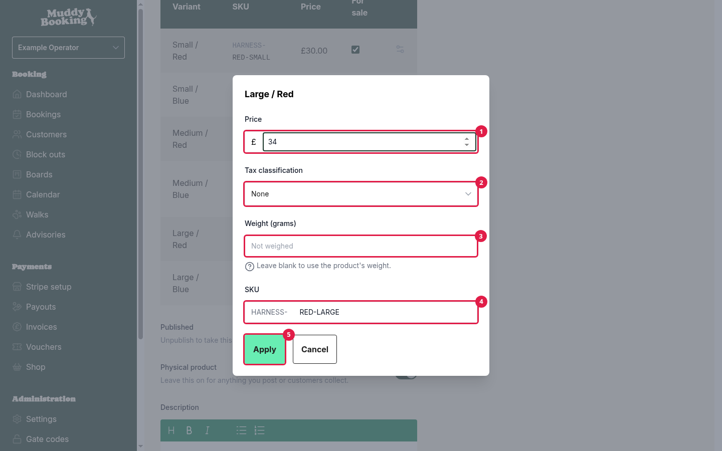 The settings pop-up for one variant, with its own price, tax classification, weight and SKU