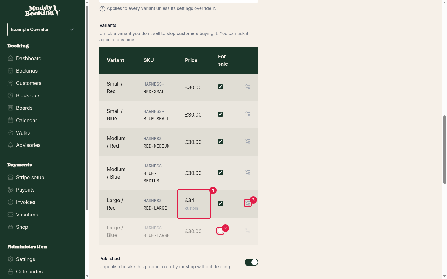 The Variants table with six variants, one with a custom price and one not for sale
