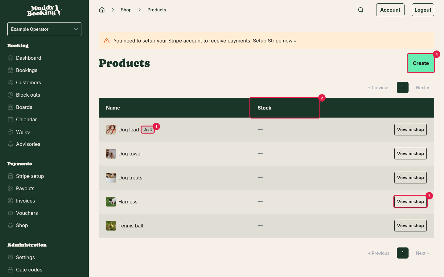The Products page, listing five products with a View in shop button on each