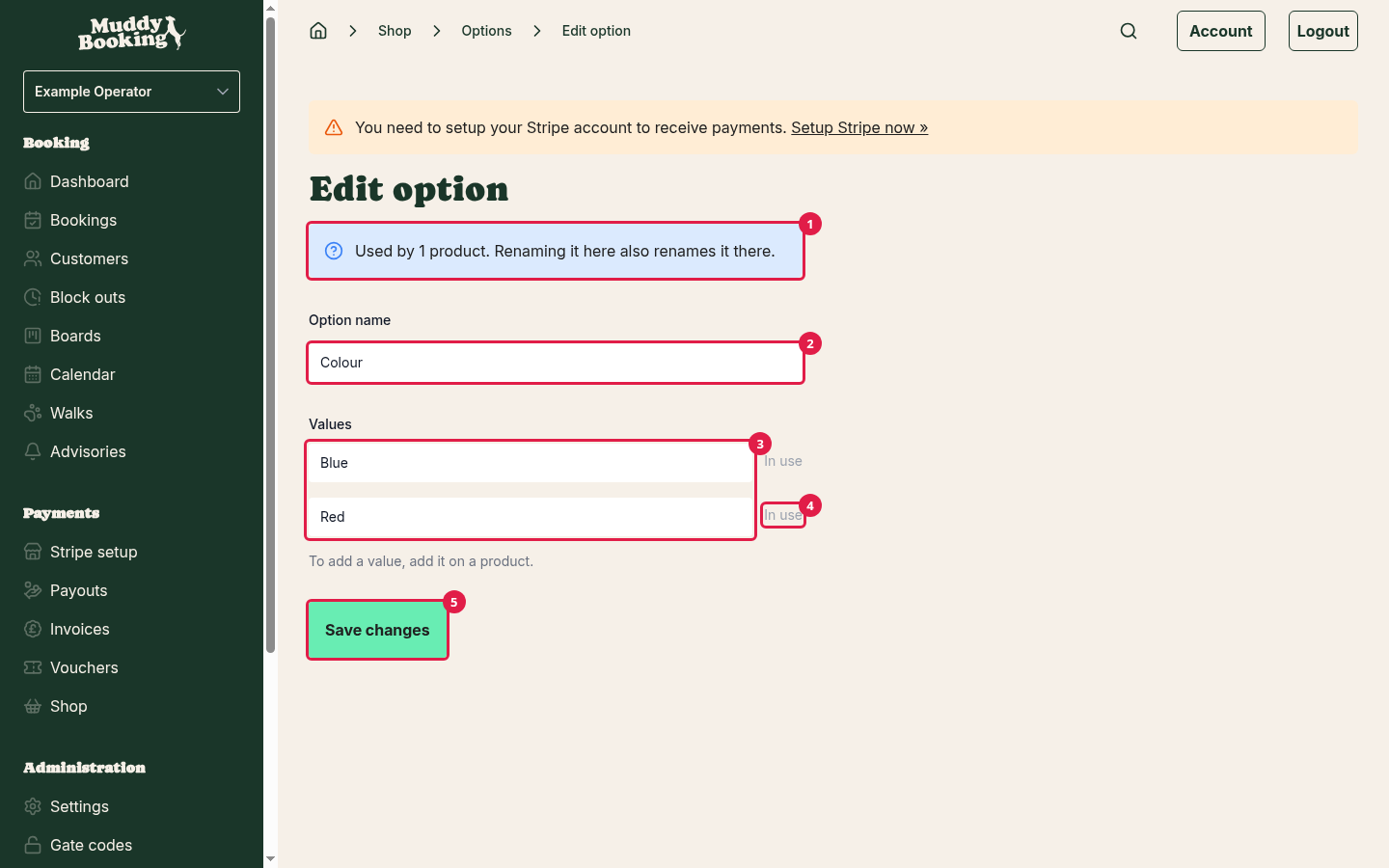 The Edit option page for Colour, with both values marked In use